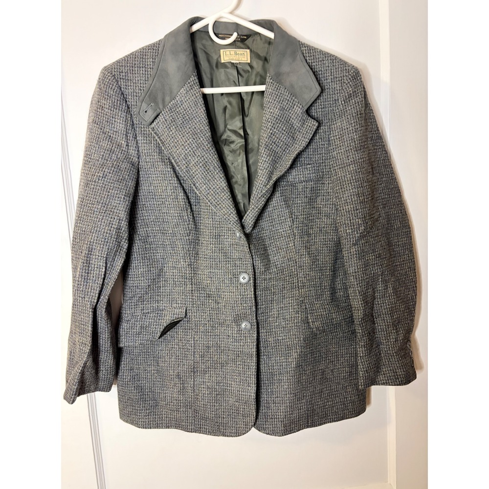 LL Bean Vintage Wool Tweed Blazer Gray Blue Suede Collar Made in USA Jacket